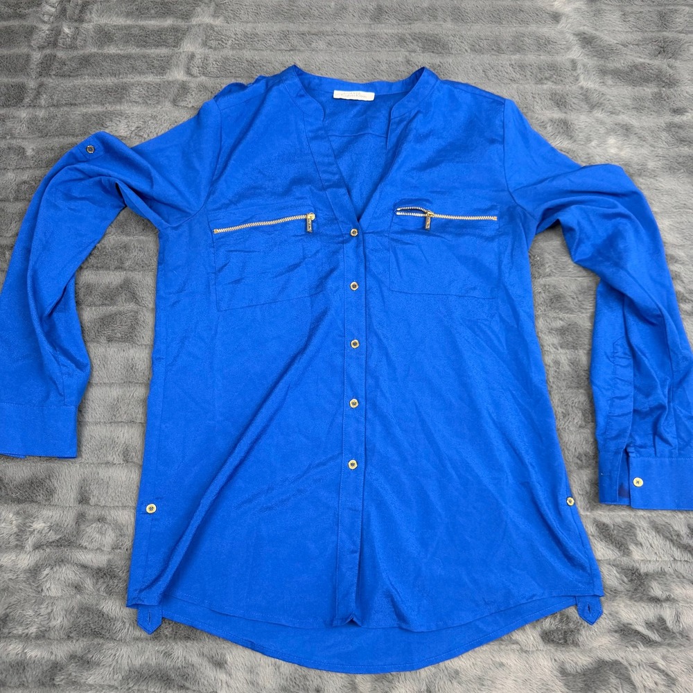 Calvin Klein Womens Royal Blue Zip Pocket Roll Tab Sleeve Blouse RN54163